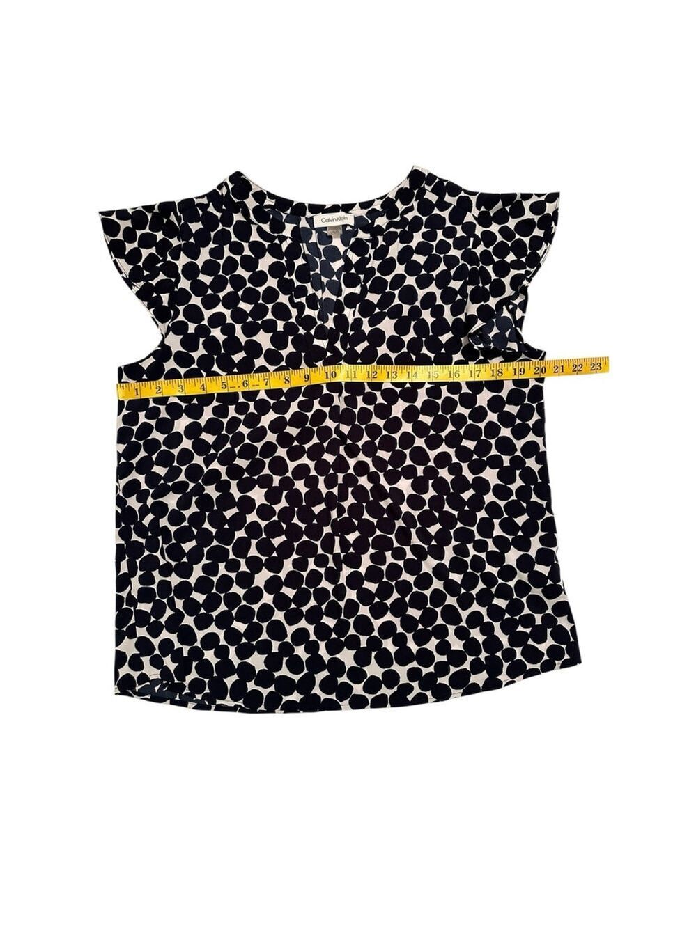 Calvin Klein Chic Career Blouse Womens L Blue & White Dots Short Flutter Sleeves - Picture 12 of 16